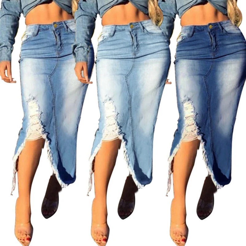 

2021 Plus Size Women Distressed Knee Length Ripped Long Denim Skirt