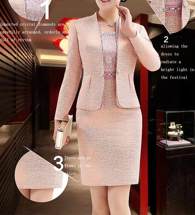 

New Two Pieces Mother of the Bride Dresses With Jacket Knee Length Lace Bead Formal High Quality Wedding Groom Mother Dress 2021, Pink