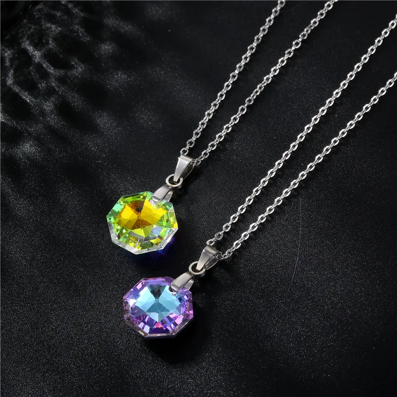 

Exquisite Stainless Steel Crystal Geometric octagon Pendant Necklace Elegant Women Clavicle Necklace Jewelry, As picture