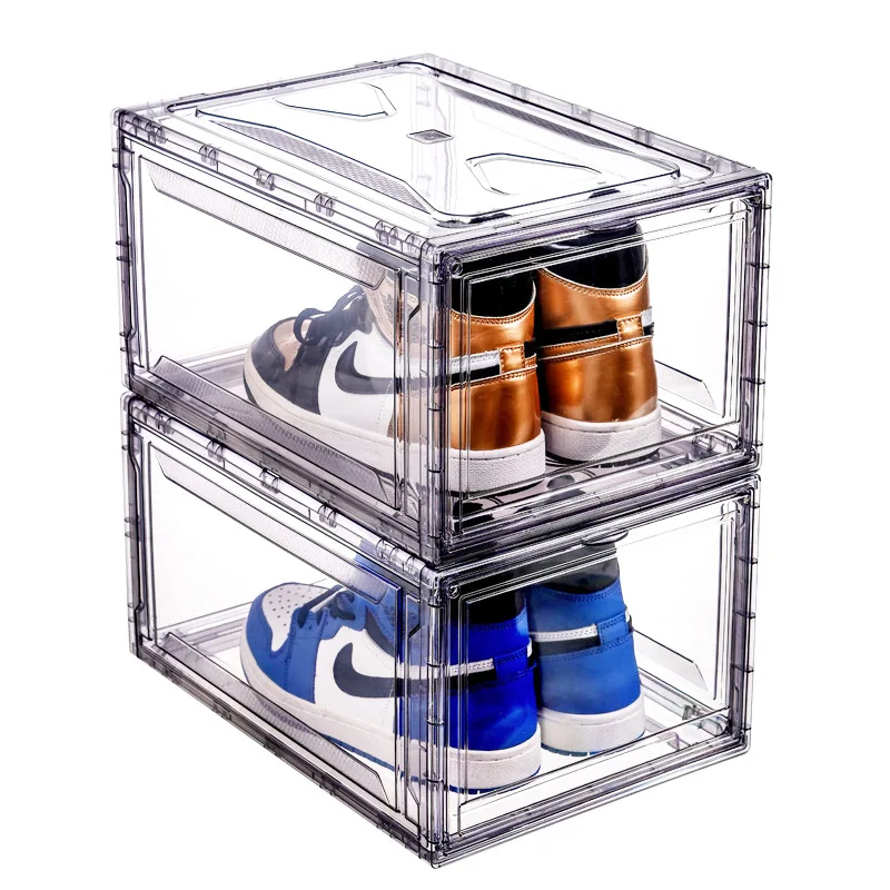 

Plastic PET Sneaker storage box Stackable Storage Transparent Boxes Drop Front Custom Drawer Type Magnetic Clear Shoe Box
