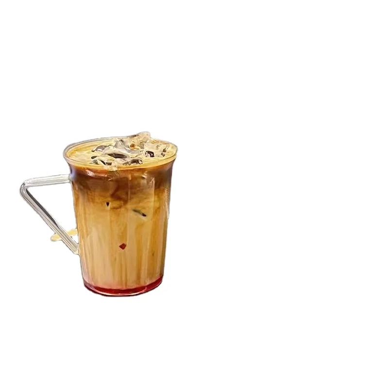 

Custom Made Borosilicate Heat-resistant Clear Glass Drinking Milk Juice Coffee Tea Matcha Glass Mug with Triangle Handle, Clear or colored