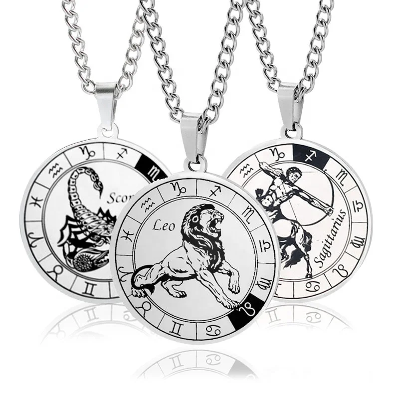 

Astrology Pendant Necklace Women Men Silver Color Chain Necklace Jewelry Stainless Steel Round Zodiac Necklace