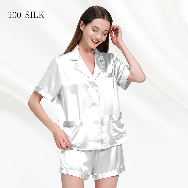 

Dropshipping Women's Nightgowns Comfy V Neck Short Sleeve Sleepwear Button Down 2 Piece Pure Silk Pajamas Set