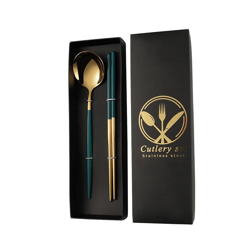 

2PCS Flatware Stainless Steel Spoon And Chopsticks Cutlery Set With Gift Box, Sliver ,gold ,sliver with colored handle .gold with colored handle