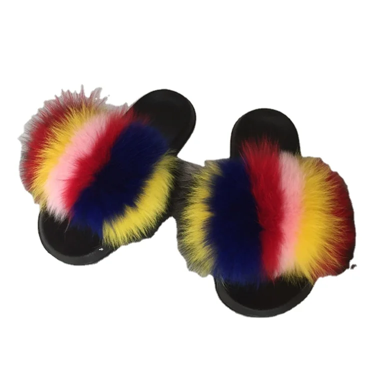 

OEM colorful fur slides Fox Fur Slippers mink fur slides Summer slippers