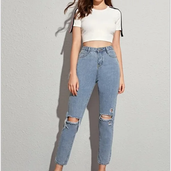 

Vintage Ladies High Waist Jeans Woman Pencil Casual Denim Pants Light Blue Jeans Mom Boyfriend Jeans for Women