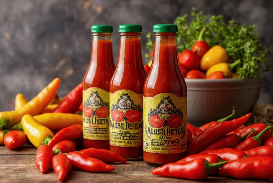 Artisanal hot sauce bottles arranged on wooden table with fresh peppers