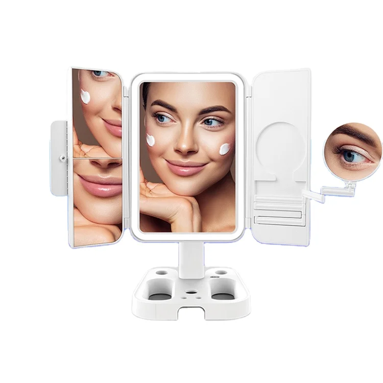 

2021 Amazon Top Seller Vanity Led Lighted Travel Makeup Mirror Desktop Trifold Magnified Make Up Mirror With Lights