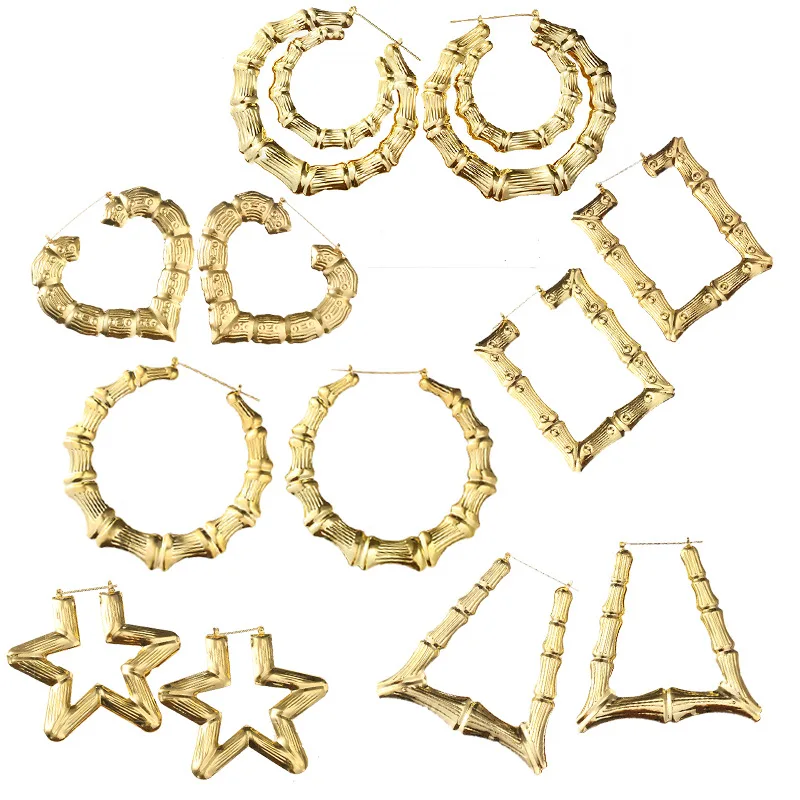 

HongTong 2021 Fashion Design Hip Hop Exaggerated Dubai Gold Earings Women Bamboo Earring Geometric Jewelry Non Tarnish Earrings, As picture