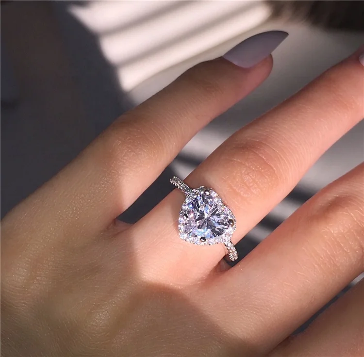 

Classic design elegant brass silver plated heart micro inlay shiny cubic zirconia finer rings jewelry for engagement