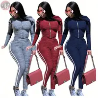 

9101415 wholesale new side stripe zipper front leisure tracksuit women 2 piece pant sets