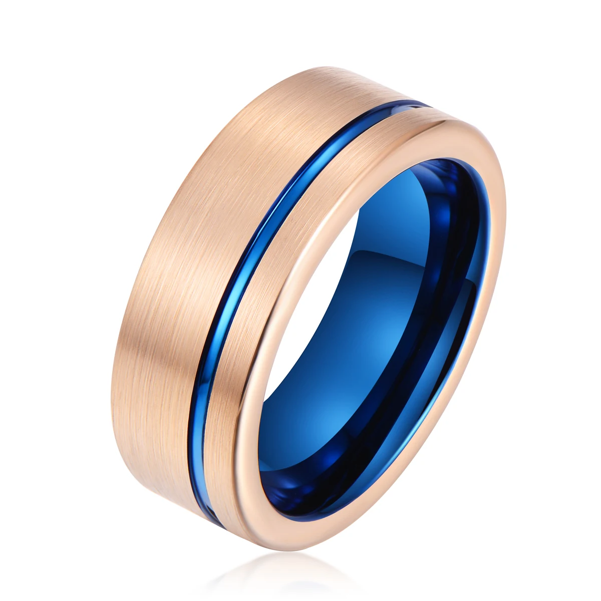 

In stock 8MM Rose Gold And Blue Men Rings Brushed Tungsten Jewelri Rings For Boys anillos