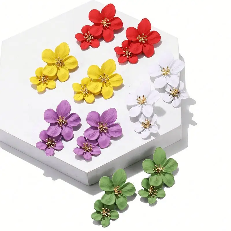 

Multicolor Double Flower Stud Earrings Fashion Simple Personality Stud Earrings Lady Temperament Women's Earrings, Picture