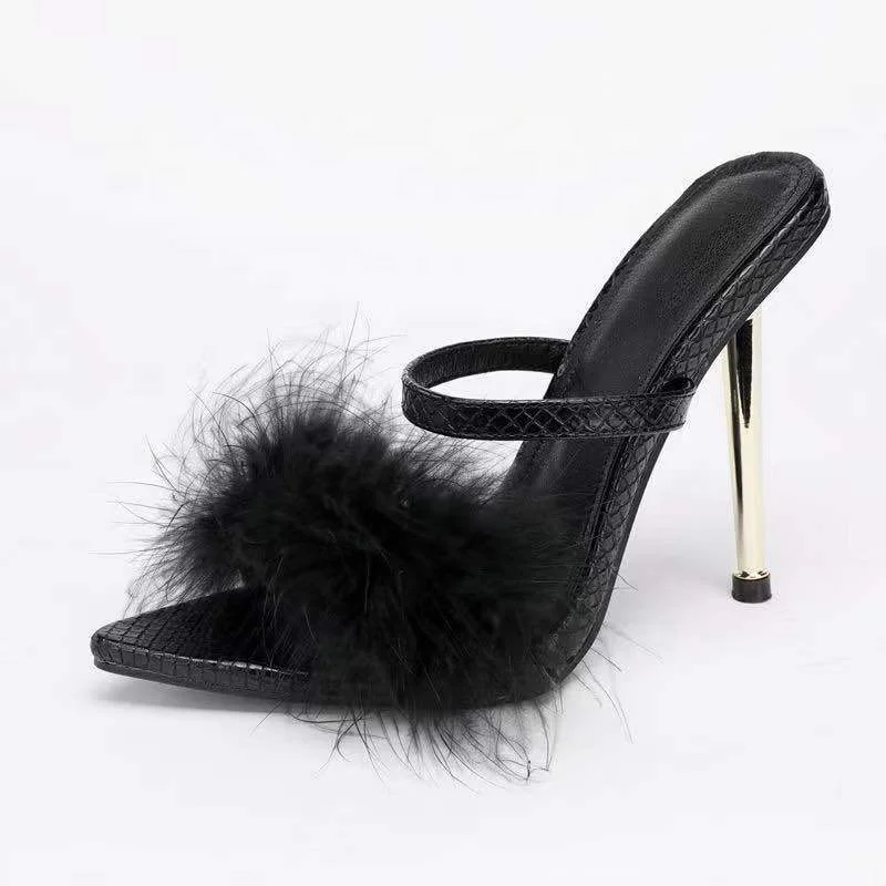 

New designer slipper for women luxury faux fur slipper sandals fashion trendy pointed toe thin high heel slipper sandals, Black / white / apricot