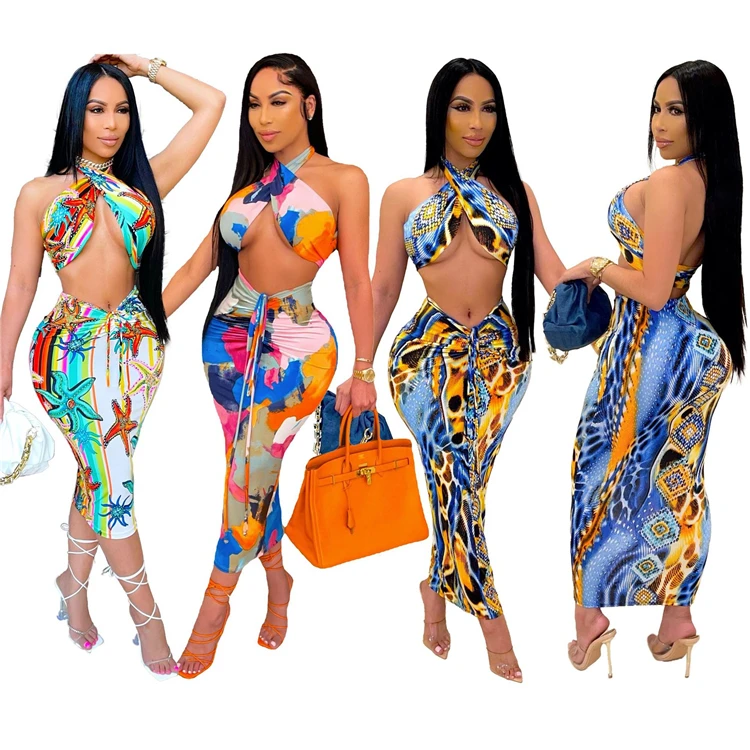 

DUODUOCOLOR Fashion backless crop tops draw cord midi skirt summer sexy women two piece set printed clothes D10035