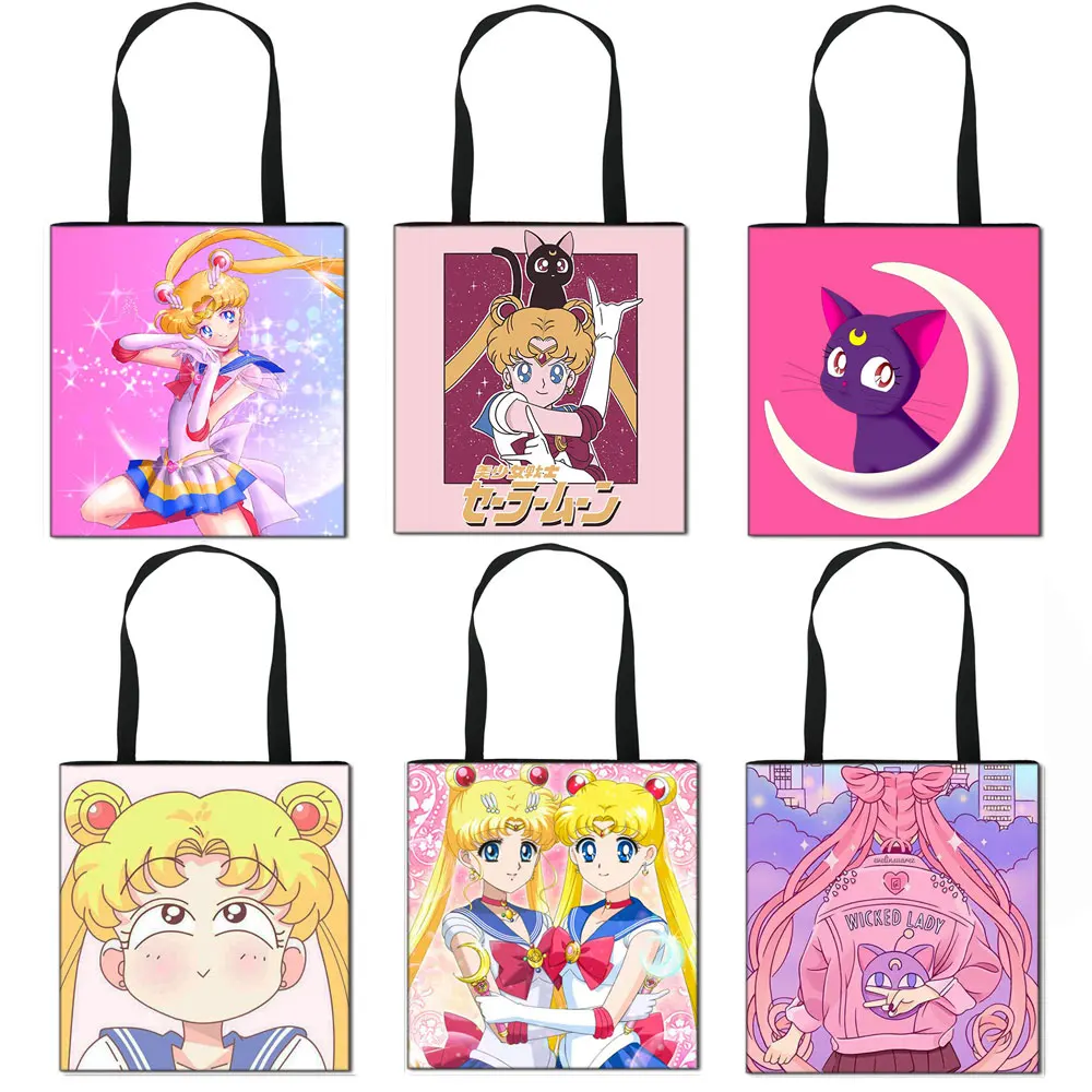 

Comic Sailor Moon Casual Totes Women Handbag Female Shopping Bags Ladies Canvas Shoulder Bags Teenager Girls Shoulder bag, Black