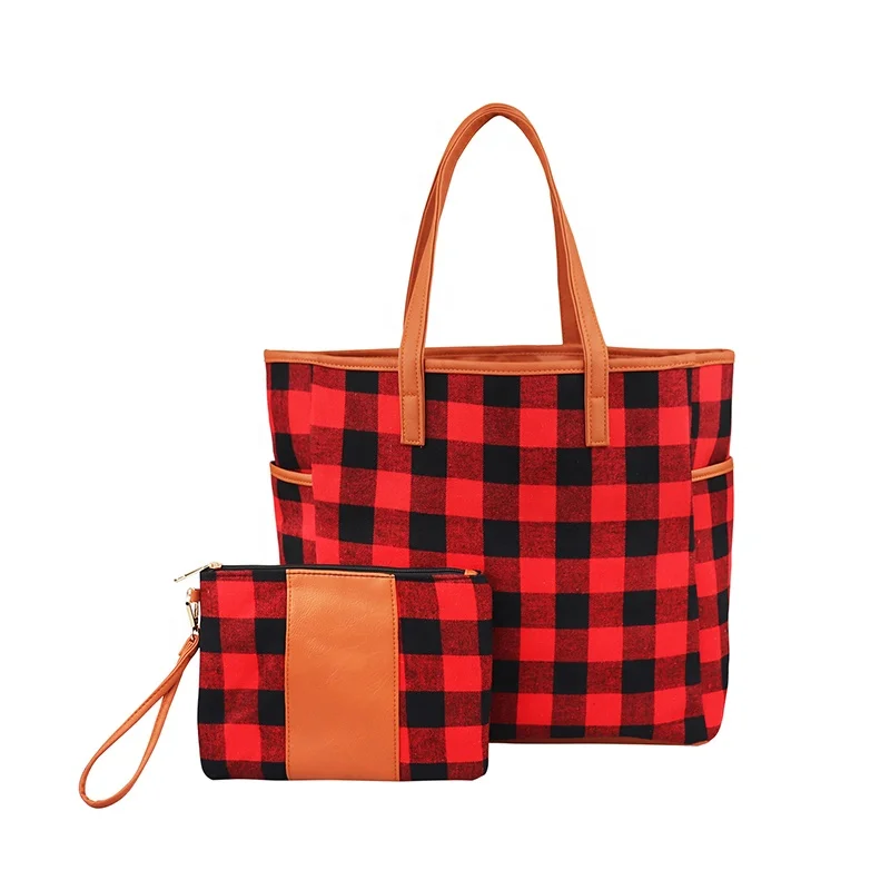 

Hot Sale Red Plaid Tote And Wristlet Bag Set Women Fashion Durable Plaid Tote And Wristlet Bag Set, As the picture