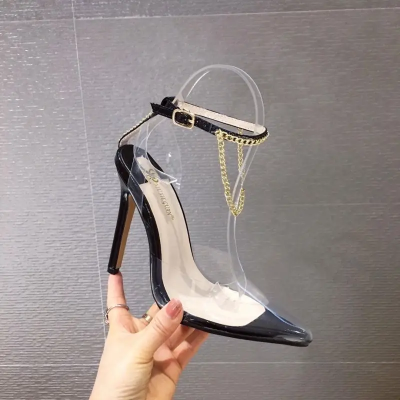 

2021 spring&summer new fashion pointy metal chain office women sexy simple high heels, Black, apricot or customized