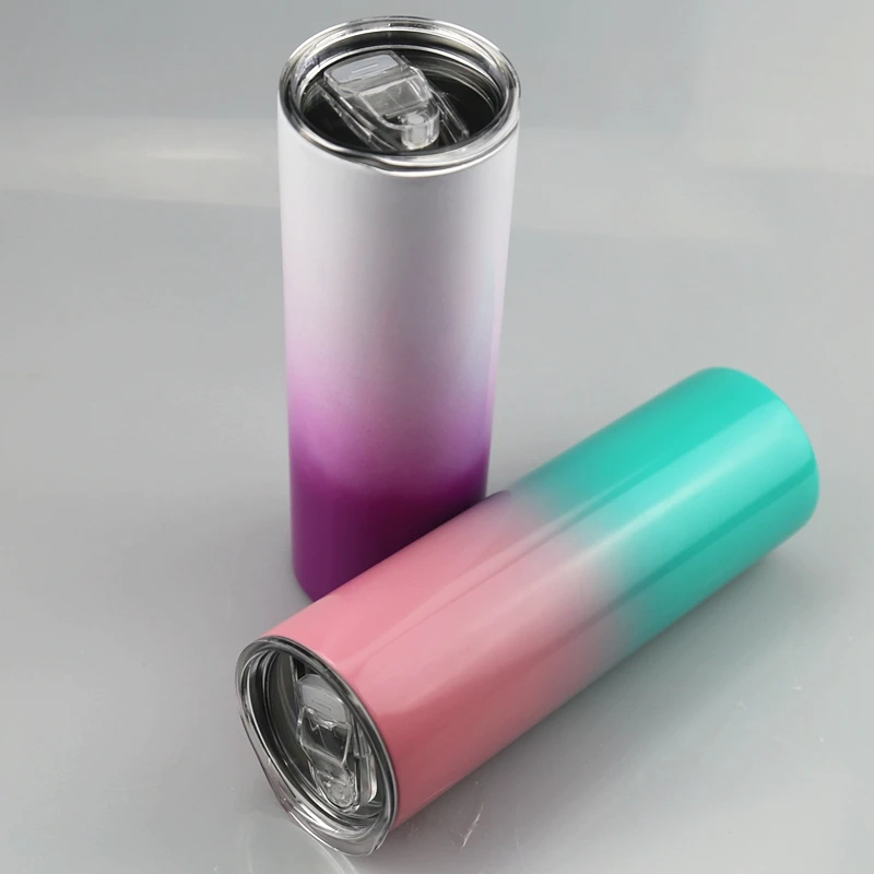 

2020 Hot sale insulated double wall skinny tumblers 20oz stainless steel coffee cup with slide lid gradient color water bottle