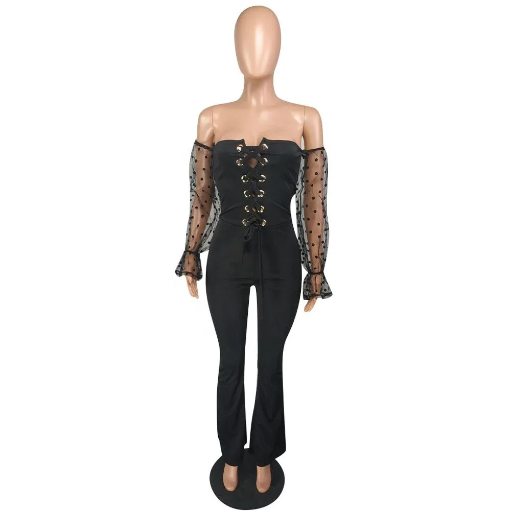 

B61378A American women's hot style hollowed-out wide-leg casual jumpsuit with wave point sleeve jumpsuit, Black/wine red/blue