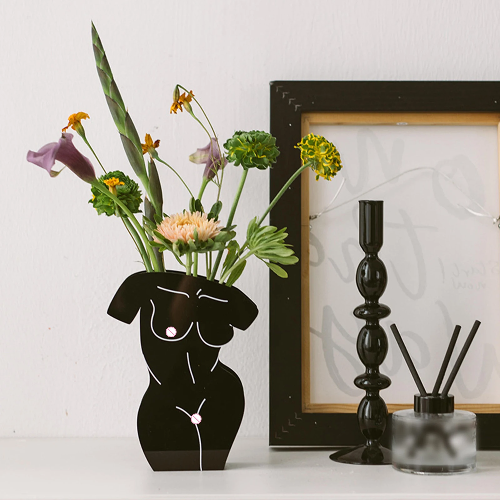 

INS Nordic Abstract Creative women Human Female Body Art Acrylic Flower Vase For tabletop Decoration Home Decor Popular in 2021, Black