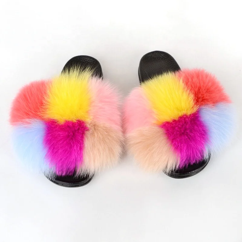 

Wholesale Fashion Novelty Splicing Grid Lady Fur Sandals For Women Slipper
