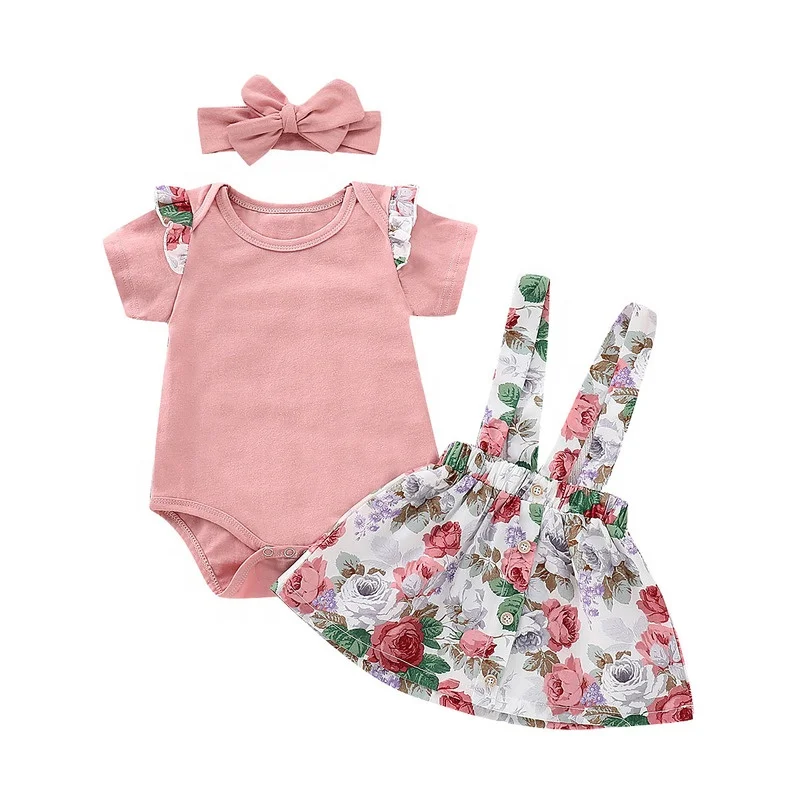 

Custom Fashion Summer Kids Girls Clothing Sets 3 pcs Pink Floral Ruffle T-Shirt Dress For Girl Clothes 1~3 Years