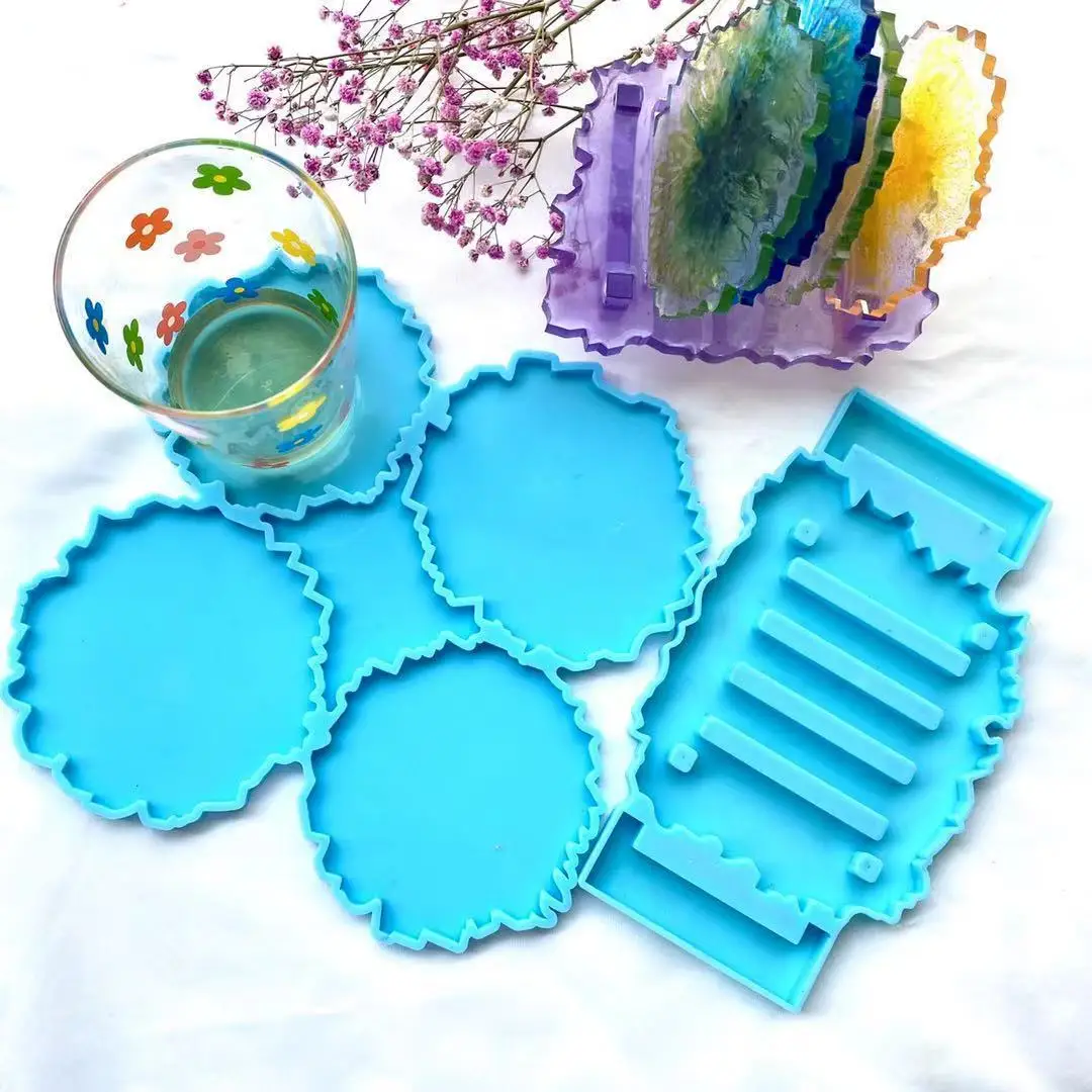 

0376 DIY Shiny Crystal Epoxy 4 with Irregular Round Coaster Tray Storage Bracket Resin Silicone Mold, Blue