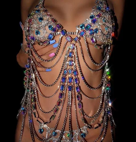 

SHIHAN AB Color Crystal Stone Bikini Body Chain Bra Top Premium Jewel Crystal Drip 2022 Party Tops Body Chains For Women
