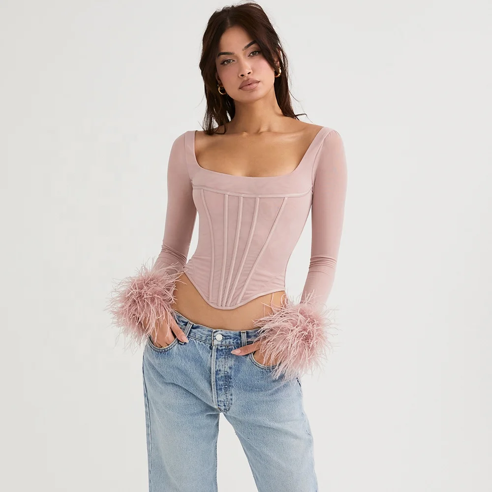 

2022 Spring Feminine Stretchy Deep Square Neck Long Sleeve Zip Tops, Chic Wearable Blush Mesh Feather Trimmed Cuffs Corset