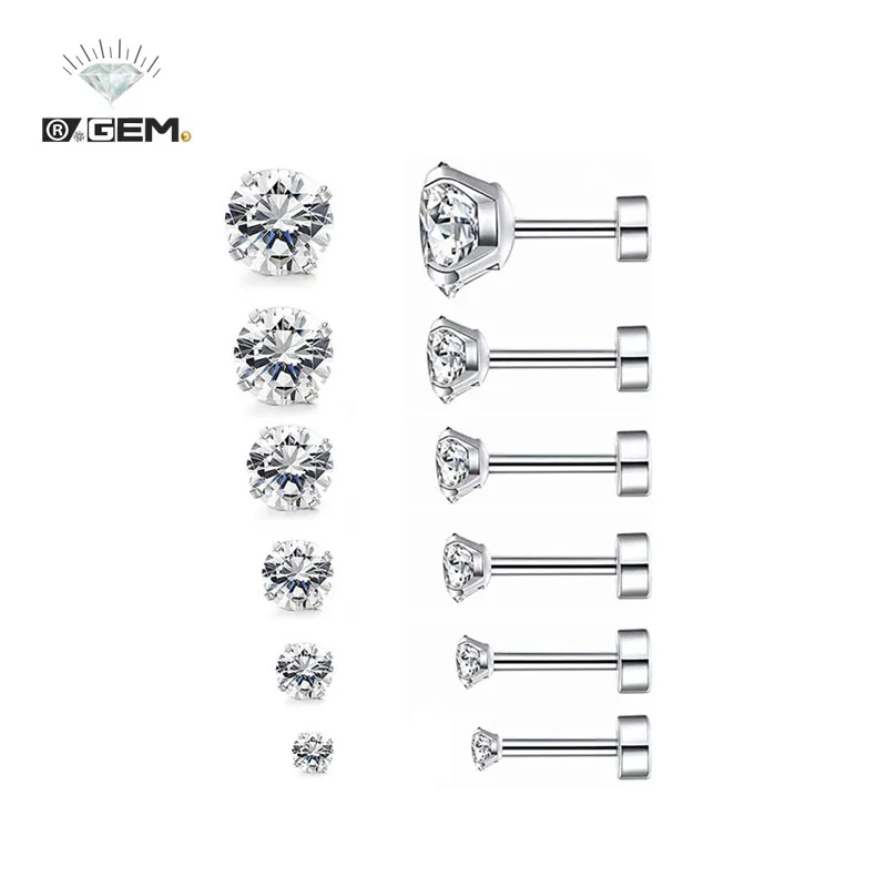 

R.GEM. Simple Design Jewelry Hypoallergenic Cubic Zirconia Stainless Steel 4 Claws 3-8mm Round Clear CZ Crystal S