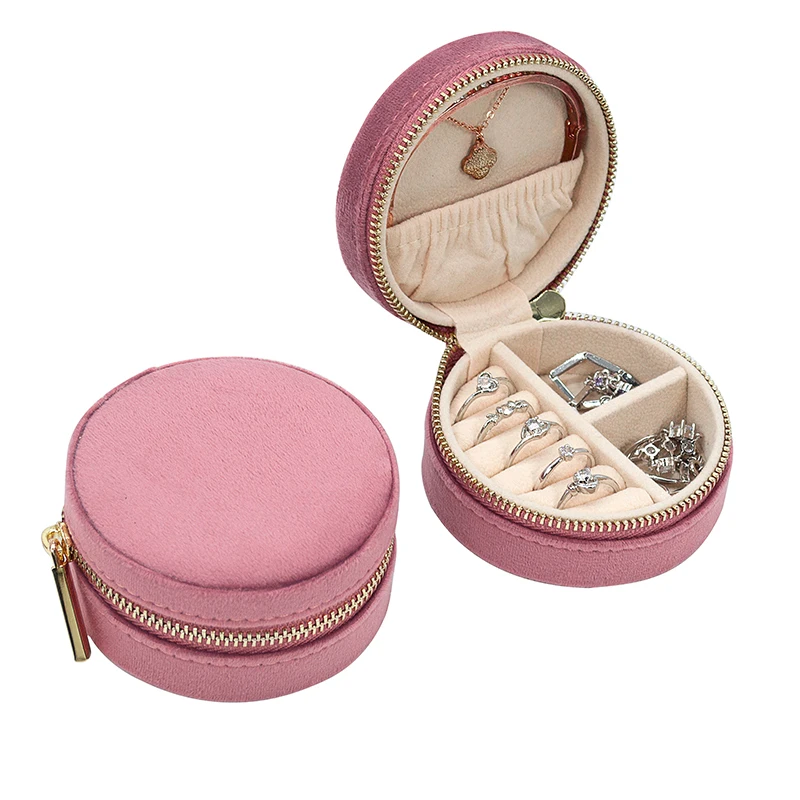 

Small Zippered Leather Jewelry Case Italian Vegan Travel Tiny Gift Ring Velvet Round Box, Pink/black/rose red/beige