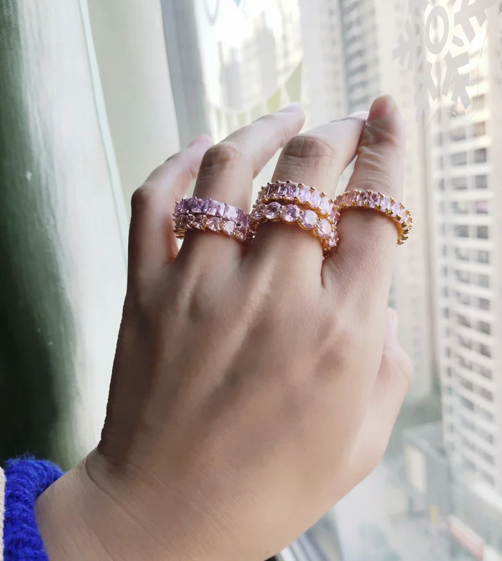 Full iced out pink cubic zirconia diamond baguette ring