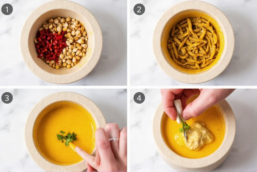 Step-by-step preparation of homemade chili aioli in a mortar with fresh ingredients