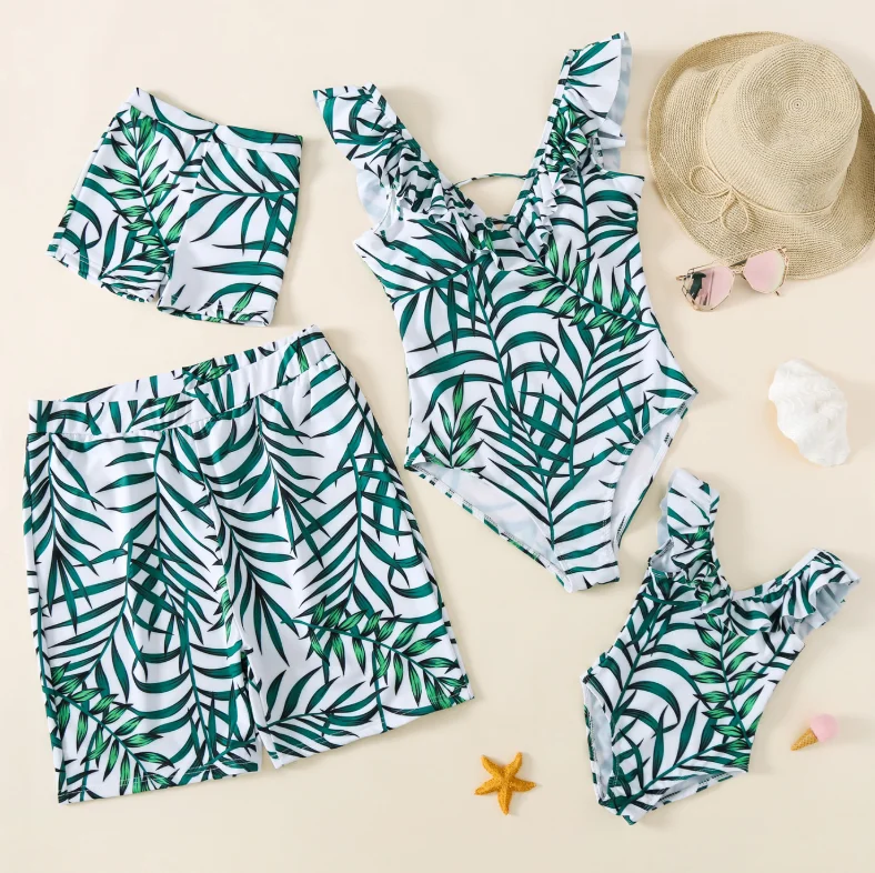 

Family Matching Swimwear Tropical Leaf Print Mommy and me swimsuit swimming trunks for kids men Matching Swimsuit, Accept customized