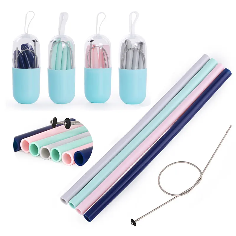 

Top Selling Collapsible Silicone Straw Set Reusable Pink Gray Silicone Straws with cleaning brush, Green,dark blue,pink,grey
