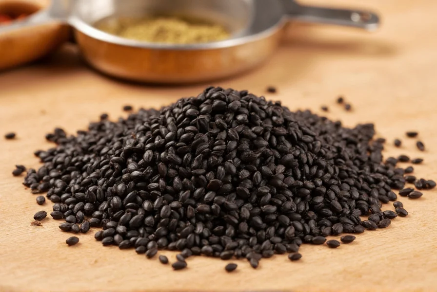 Close-up photograph of nigella seeds showing their distinctive black, teardrop shape against a wooden cutting board with common spice measurement tools