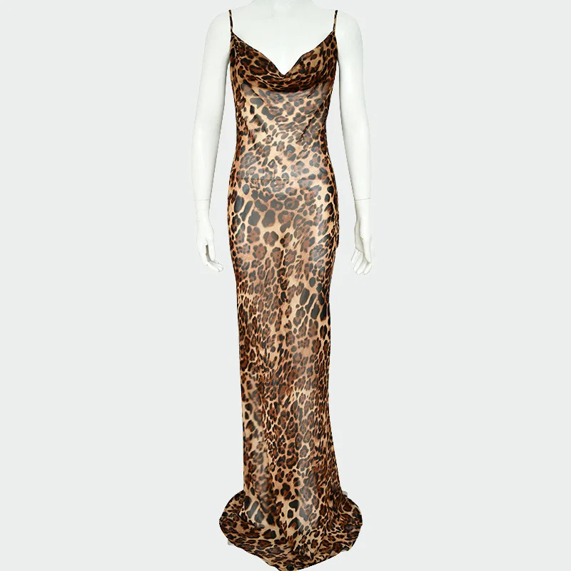 

2021 New Arrival Women spring sleeveless spaghetti strap Leopard printing summer women maxi dresses