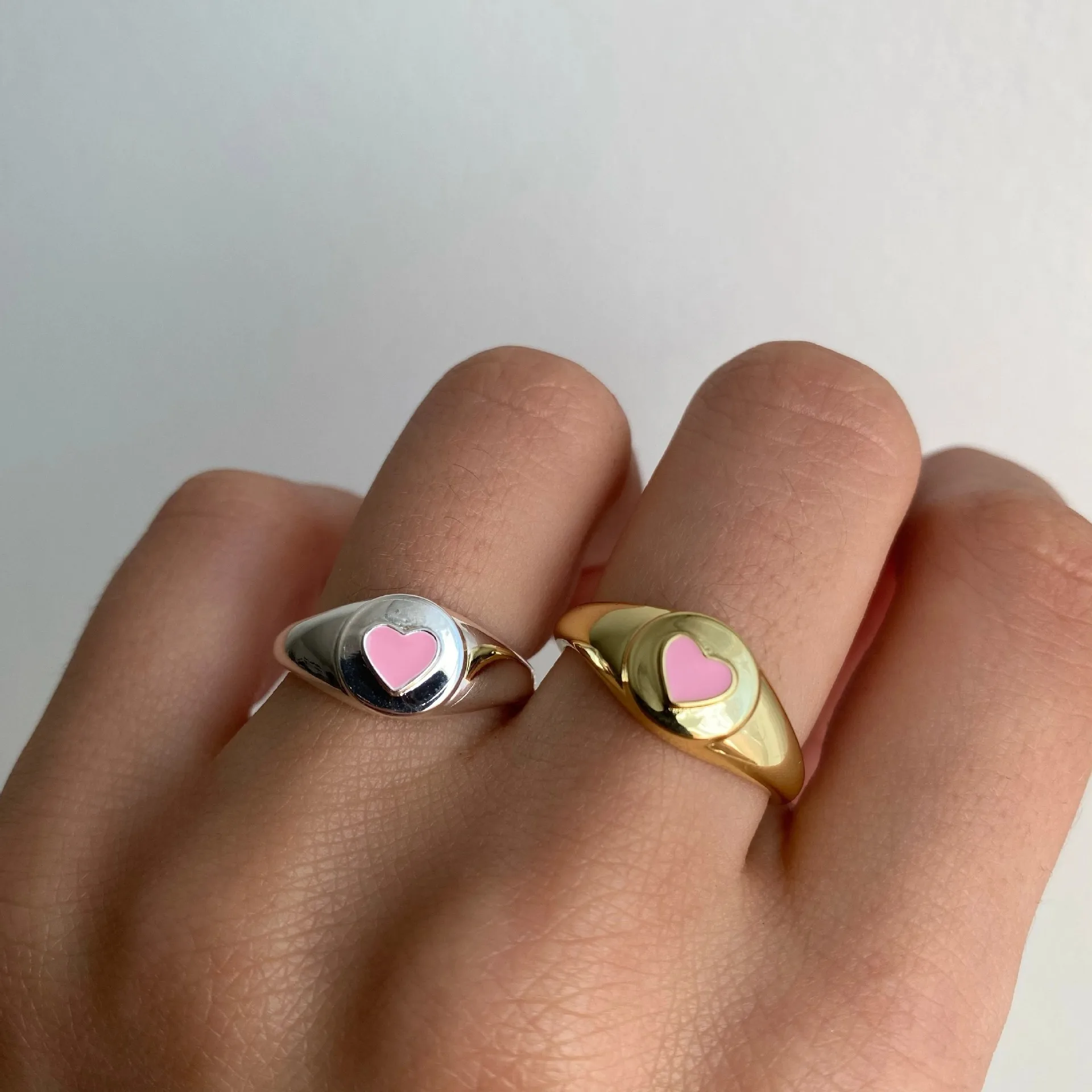 

INS Rings pink Jewelry Women 18K Gold Plated Heart Shape Plain Enamel Ring, Handmade Enamel Heart Signet Ring