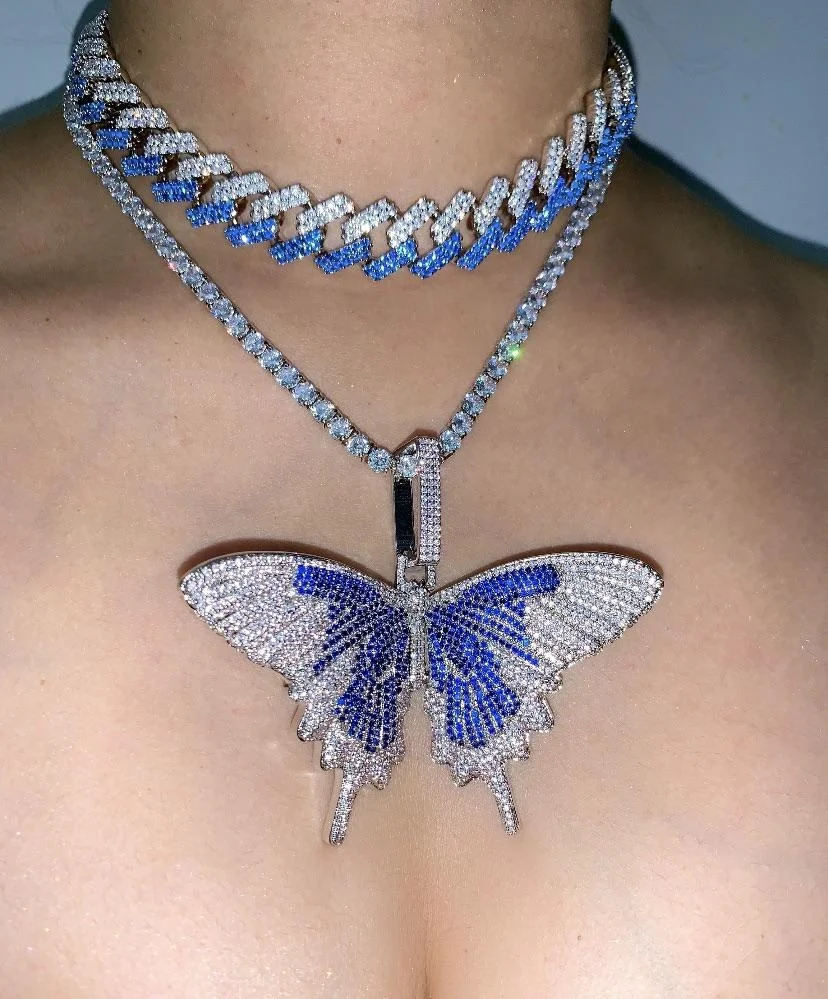 

iced out sparking bling cz tennis chain colorful cz buttefly necklace luxury jewelry, Silver