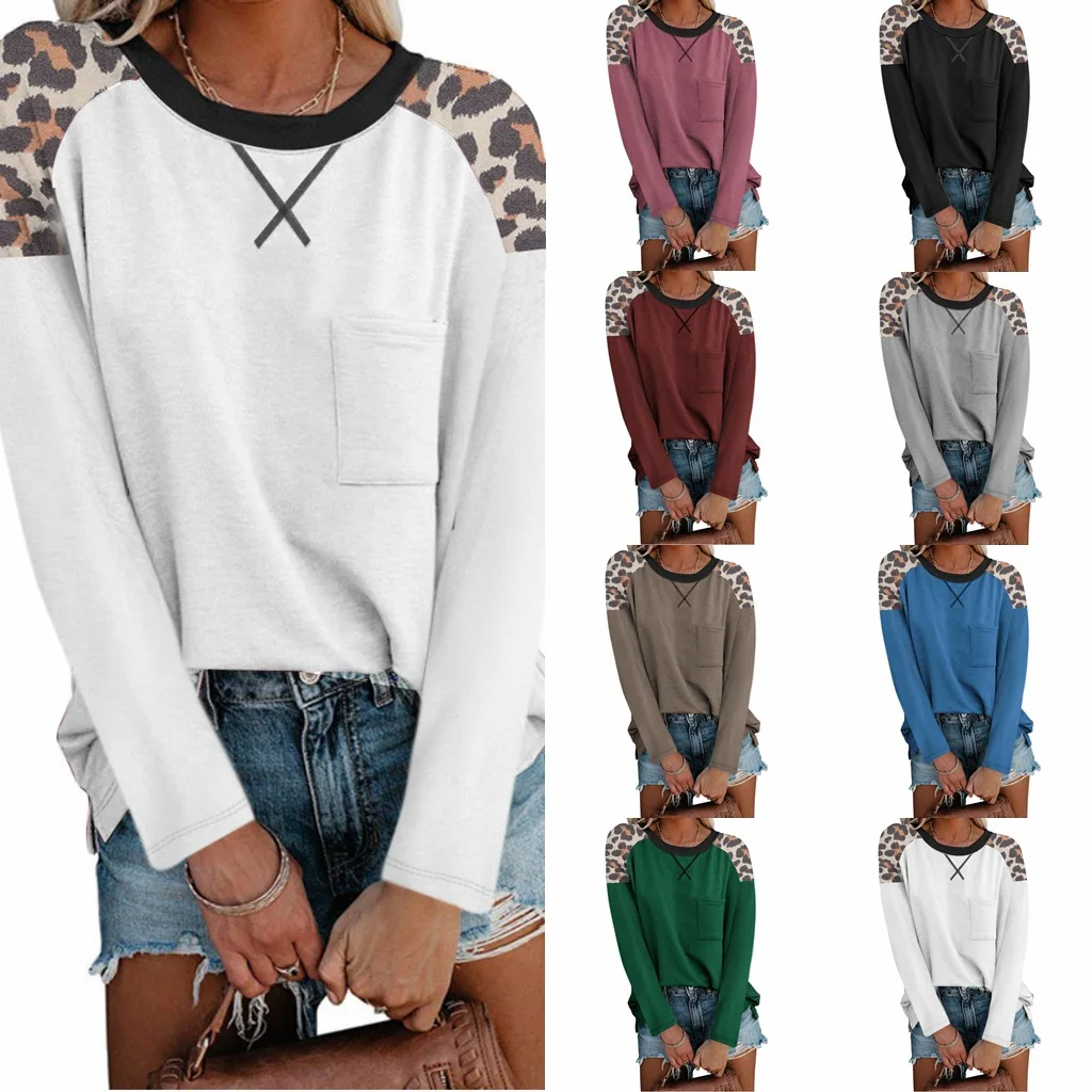 

Factory Hot Ladies Tops Long Sleeve Leopard Print Stitching Loose Casual With Pocket Solid Color Print t-Shirt Women, Shown