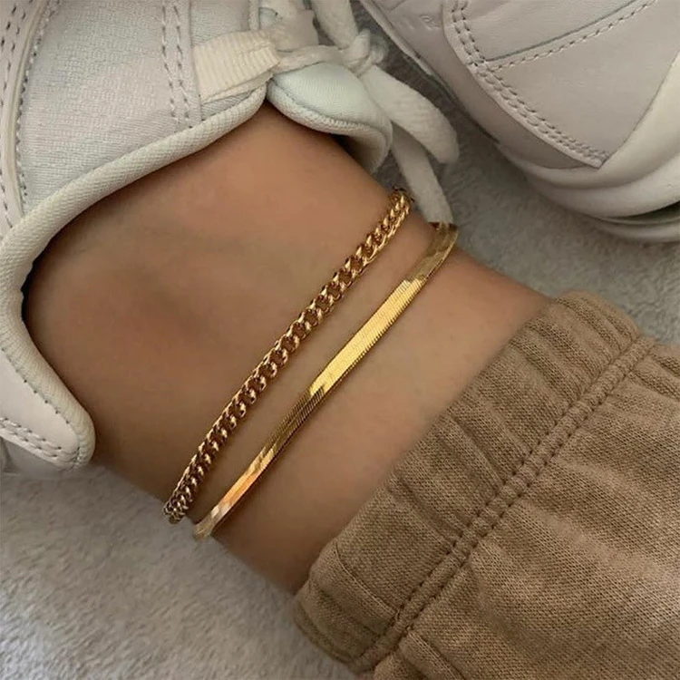 

Dainty Stylish 18k Gold Plated Stainless Steel Feet Jewelry Anklet Minimalist Women Herringbone Snake Chain Anklet, Gold, rose gold, steel and black