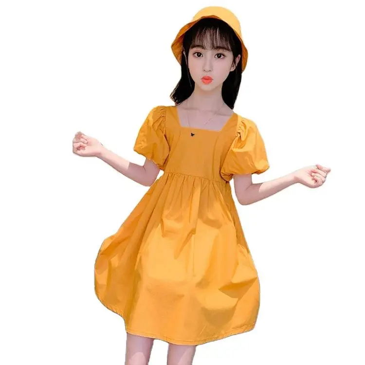 

With hat big kids casual skirts baby girls' solid color dress children summer dresses, As picture