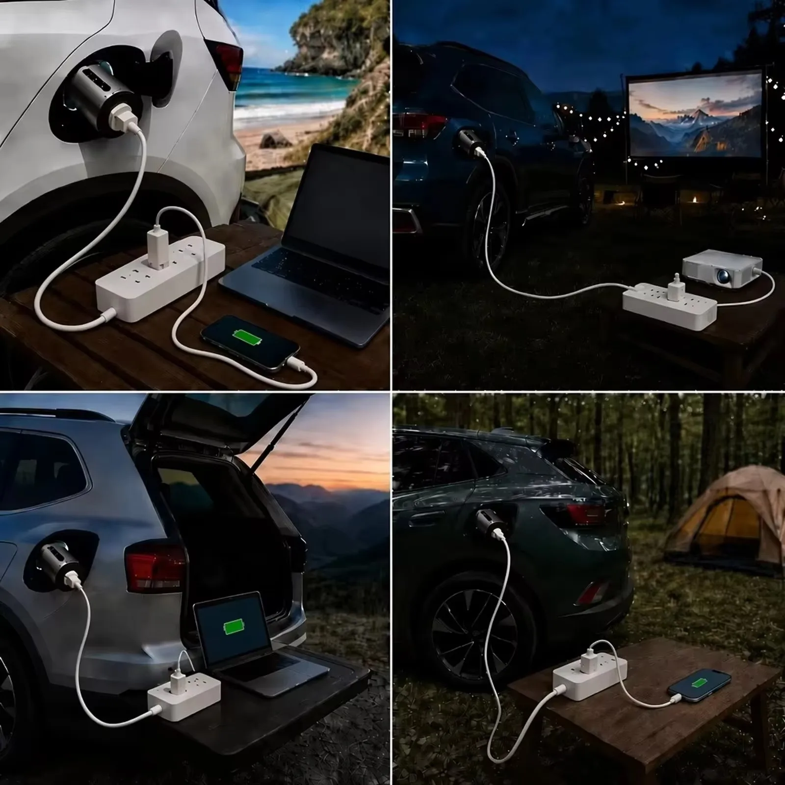 Four V2L scenes showing a compatible EV powering travel, camping and everyday devices