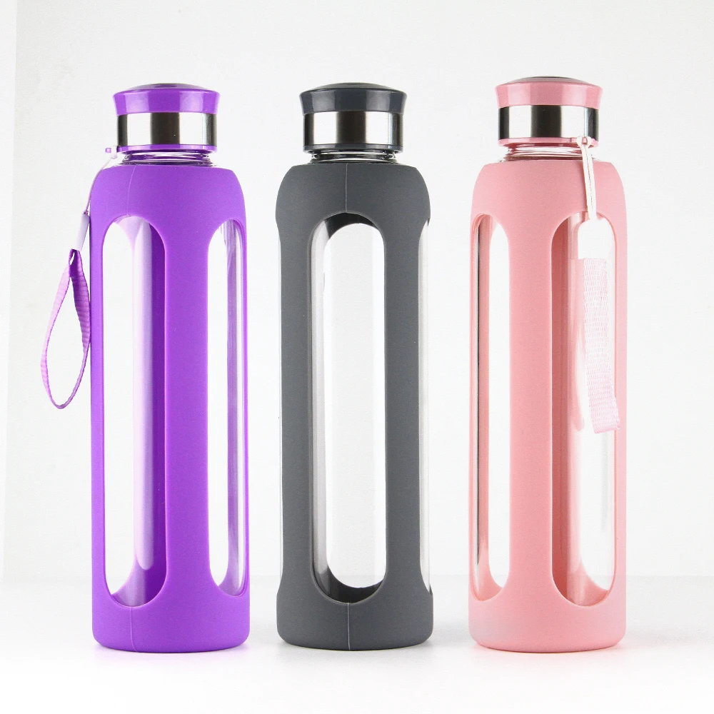 

Custom Single Wall 550ml Colorful Silicone Sleeve bpa Free Borosilicate Glass Sport Drinking Water Bottles