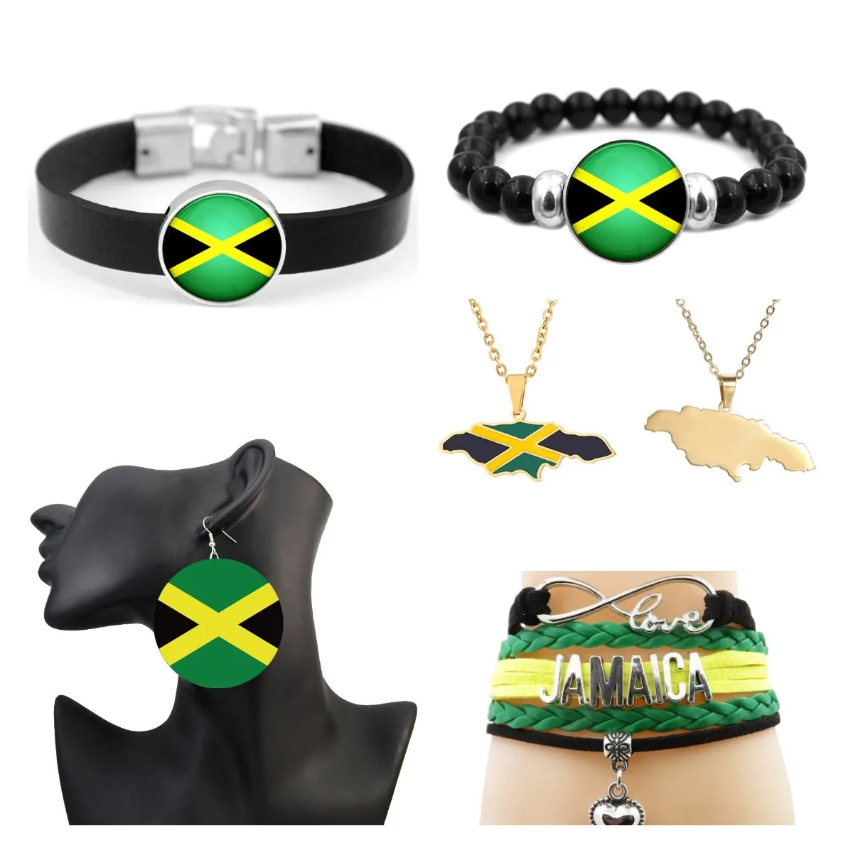 

Manufacturer Jamaica Map Charm Flag Pendant Africa Inspirational Keychain Necklace Bracelet Earrings Key Chain Jewelry Set