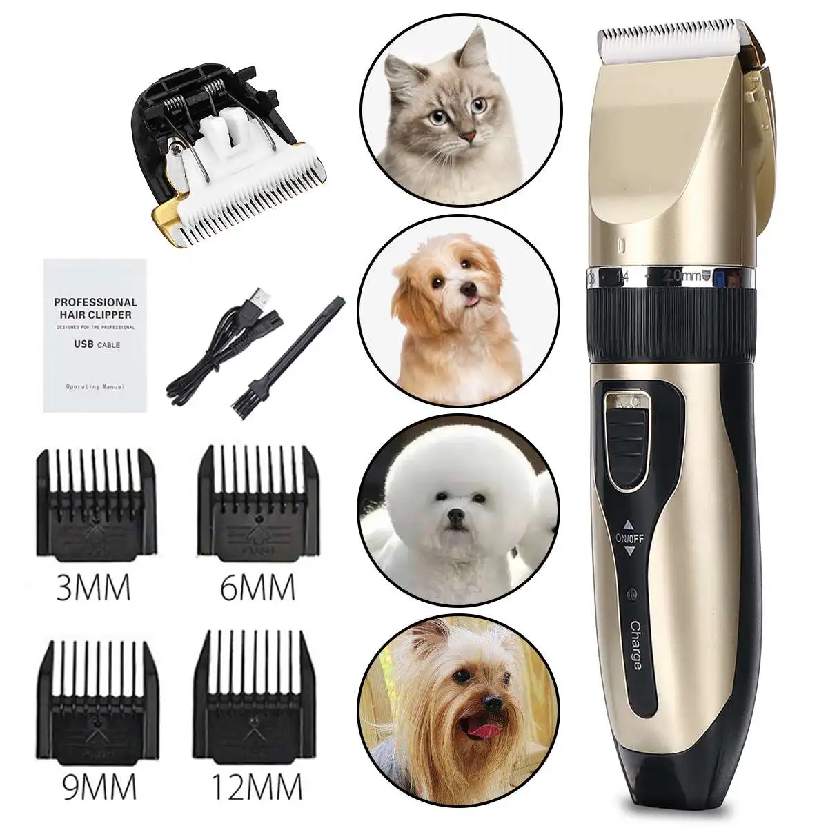 

Dog Grooming Tool Professional Pet Grooming Kit Rechargeable Dog Hair Trimmer Dog Shaver, Gold