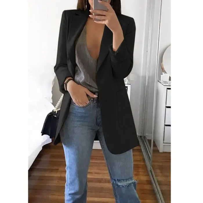 

New Women Thin Blazer Office Lady Lapel Long Sleeve Coat Suit Slim Cardigan Solid Color Jacket Casual Tops