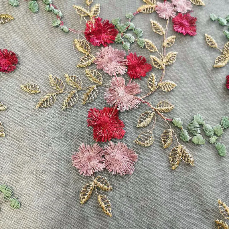Netting Fabric Embroidery With 3d Lace Poly Mesh Ground Multi Color