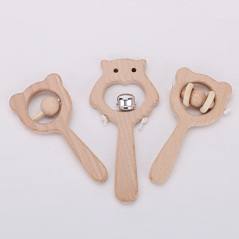 

W52 Baby Beech Bear Head Rattle Hand Montessori Toys Teething Wood Ring Baby Rattles Teether Sensory Playing Gym Baby Charms
